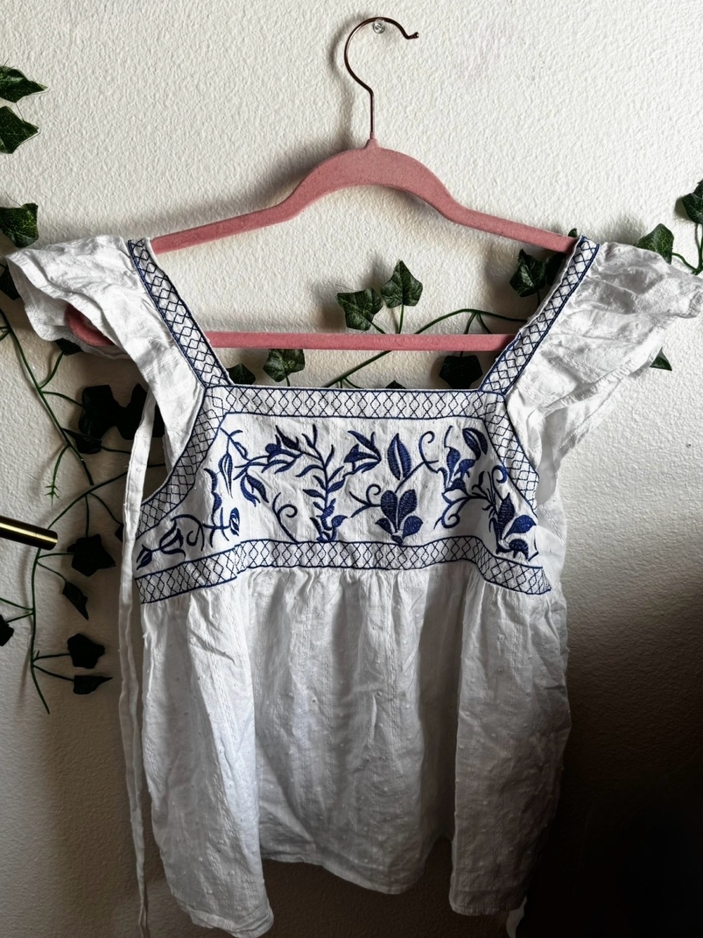 Embroidered White Peasant Top with Blue Detail